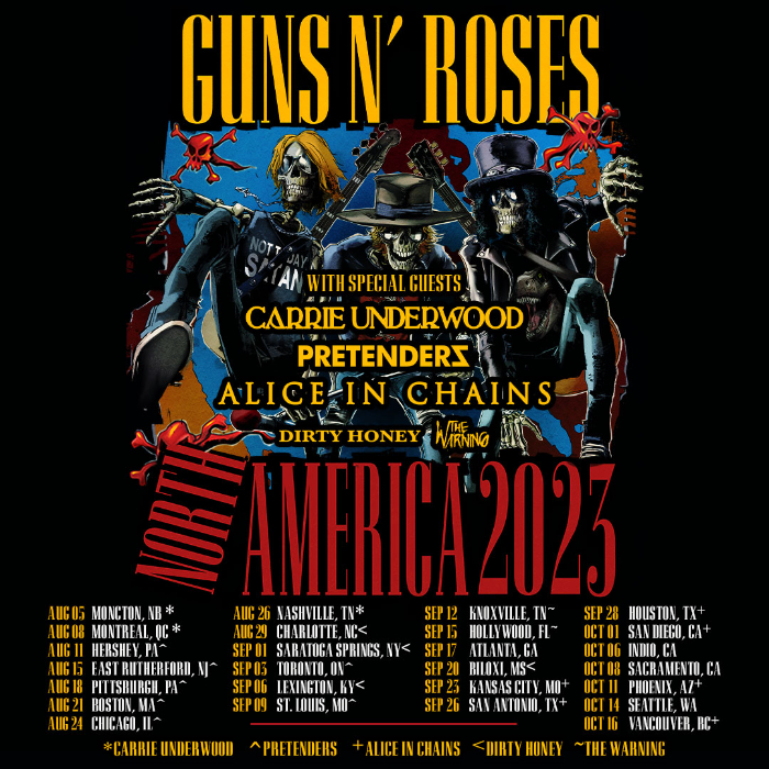 Guns N Roses Announce Carrie Underwood, The Pretenders, Alice In Chains, The Warning, and Dirty Honey Will Support 2023 World Tour On Select Dates