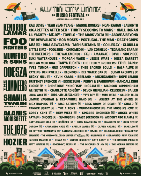 Kendrick Lamar, Foo Fighters, Mumford - Sons, Shania Twain, The Lumineers, ODESZA, Alanis Morissette And The 1975 To Headline Austin City Limits Music Festival 2023