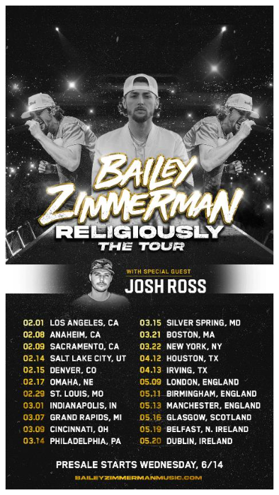 Bailey Zimmerman announces 2024 international headlining dates for 'Relgiously. The Tour'