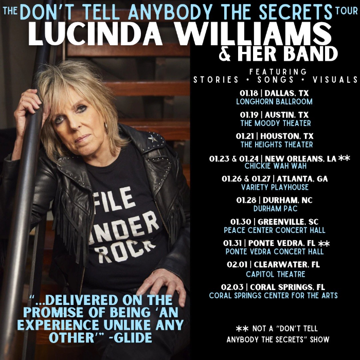 Lucinda Williams Announces “Don’t Tell Anybody The Secrets: The Story Of A Life in Songs” Winter Tour Dates